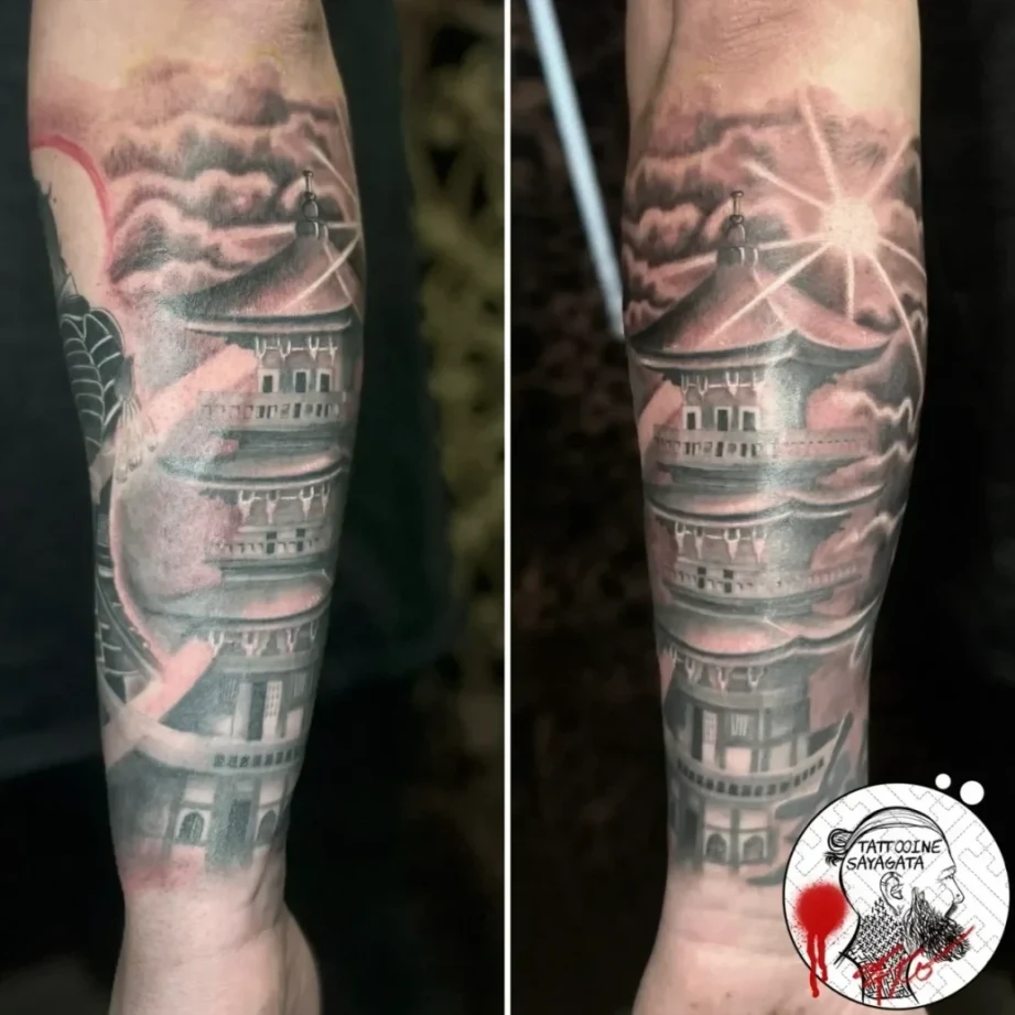 Japanese pagoda tattoo in black and grey style - Japanese Tattoo in Munich at Tattooine Sayagata