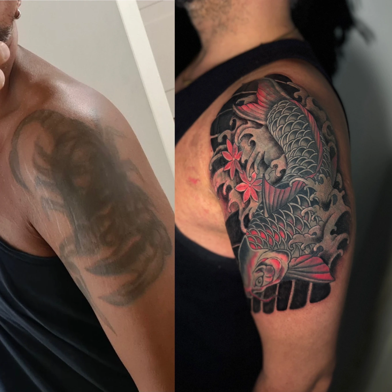 Vorher-Nachher-Vergleich eines Cover-Up Tattoos am Oberarm mit Koi-Motiv