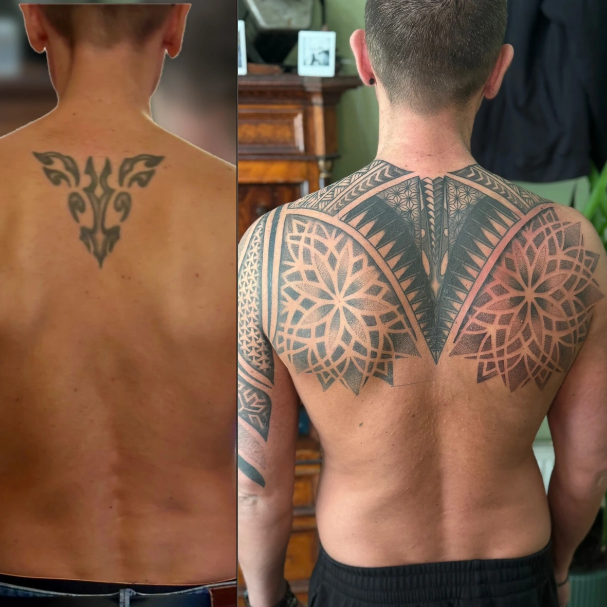 Vorher-Nachher-Vergleich eines geometrischen Cover-Ups am Rücken bei Tattooine Sayagata